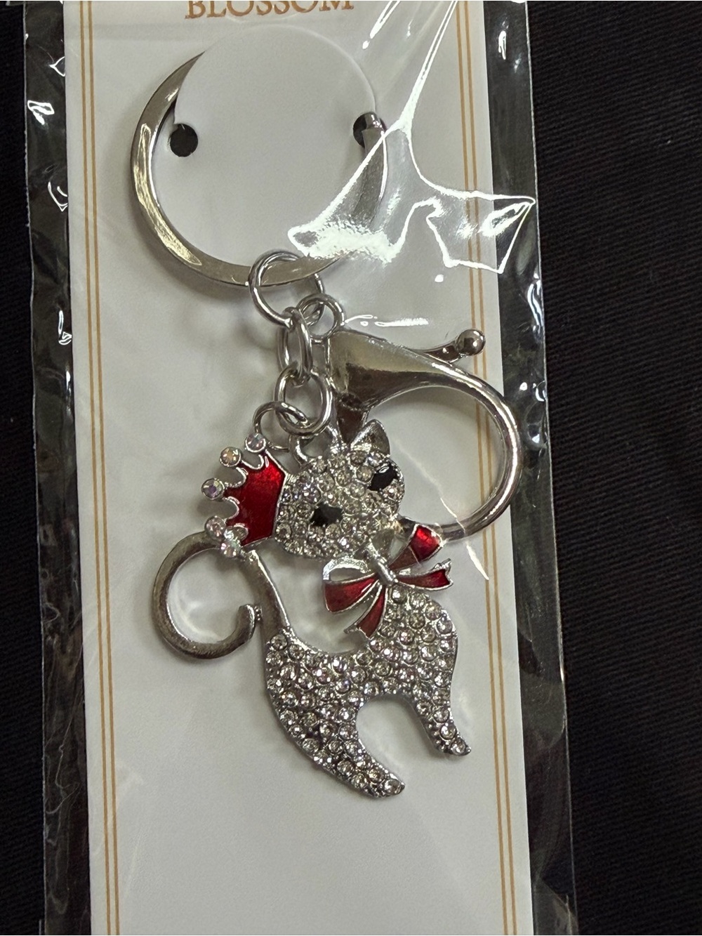 🎀 5 for $25 🎀 Silver Cat Rhinestone Keychain bag charm with Red Accent